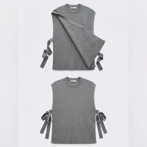 Zara Light Gray Ribbed Sleeveless Knit Top with Side Ties